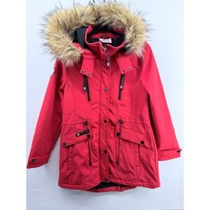 Canada Weathergear Women's Red Hooded Parka Jacket Faux Fur Trim Size‎ L